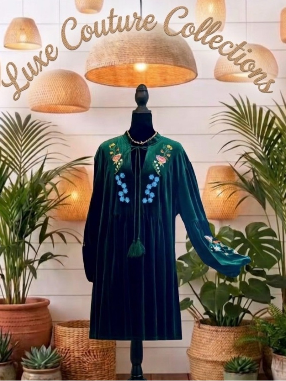 Emerald Velvet Embroidered BOHO Dress